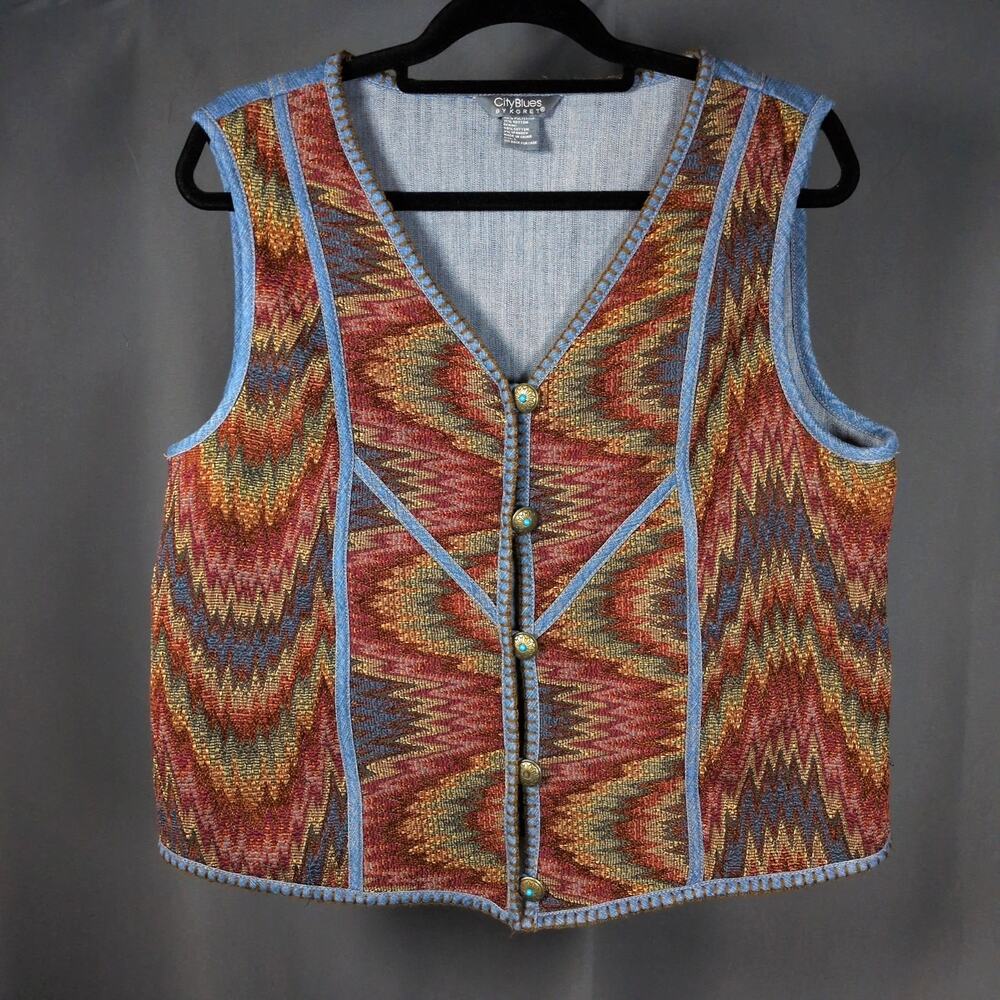 VTG 90s Western Tapestry Colorful Vest Embroidered Button Up City Blues Koret Lg